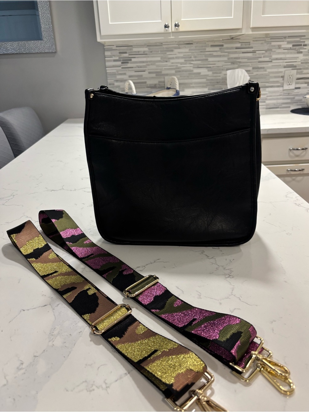 Black Leather Women's Crossbody Bag with Removable Camo Glitter Straps